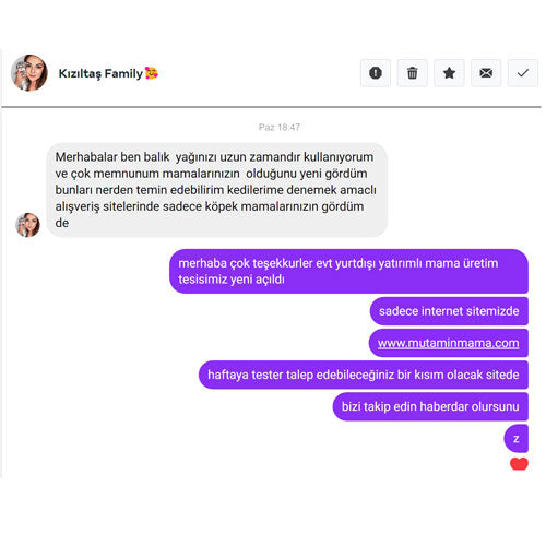 Kızıltaş Family Mutamin Balık yağımızı senelerdir kullanıyor Memnuniyetini yazıp Mamalarımızın yeni çıktığını görünce sevindiğini belirten mesajlaşması :)