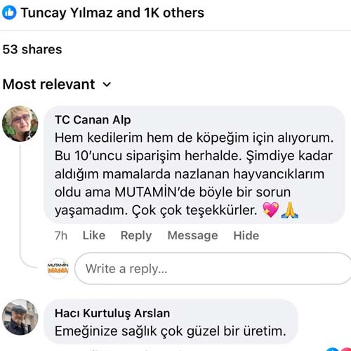 Hem Kedilerim hem köpeğim için alıyorum 10 uncu siparişim herhalde Şimdiye Kadar Aldığım Başka Mamalarda Nazlanan Hayvancıklarım Oldu Ama MUTAMIN de böyle sorun yaşamadım